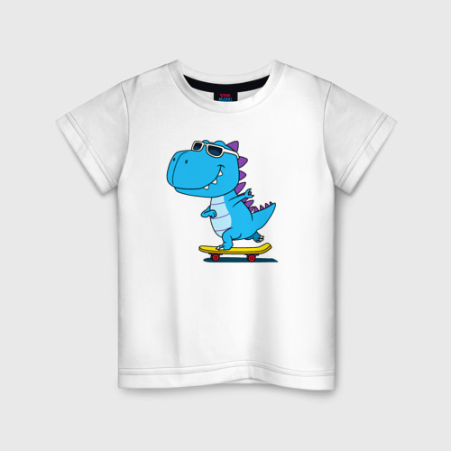Детская футболка из хлопка с принтом Динозавр скейтбордист, вид спереди №1