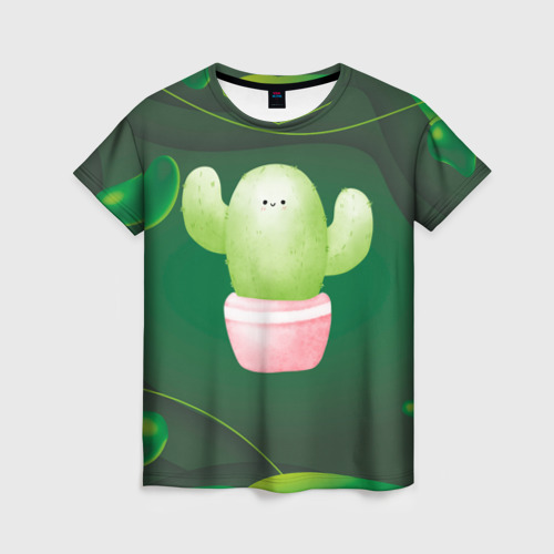 Женская футболка с принтом Зеленый милый кактус, вид спереди №1