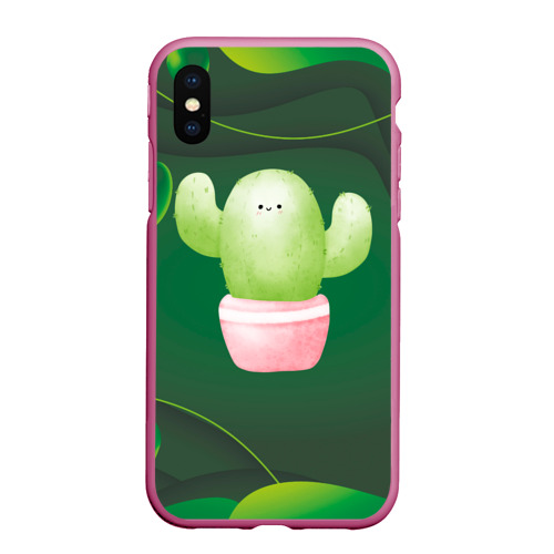 Чехол для iPhone XS Max матовый Зеленый милый кактус, цвет малиновый