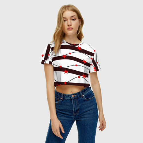 Женская футболка Crop-top 3D Красные Звезды На Волнах, цвет 3D печать - фото 3