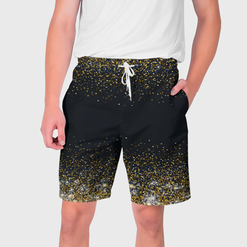 Мужские шорты 3D Золотые блестки на темном фоне. Сияющий глиттер, блики. Блестящие конфетти