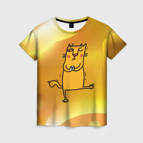 Женская футболка с принтом Строгий кот занимается  йогой, вид спереди №1