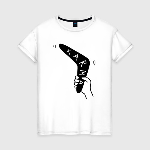 Женская футболка хлопок с принтом Karma - boomerang, вид спереди #2