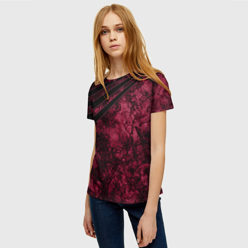 Женская футболка 3D с принтом Мраморный бордовый текстурированный узор, фото на моделе #1