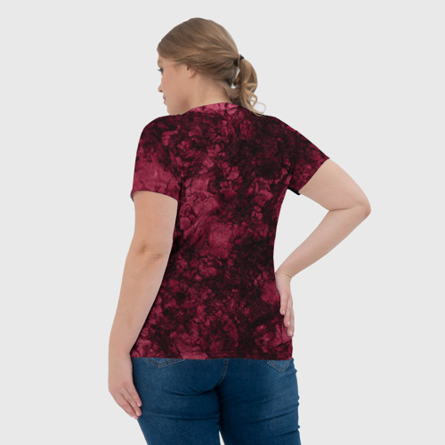 Женская футболка 3D с принтом Мраморный бордовый текстурированный узор, вид сзади #2