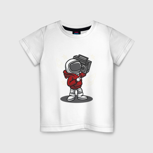 Детская футболка из хлопка с принтом Космонавт с магнитофоном, вид спереди №1