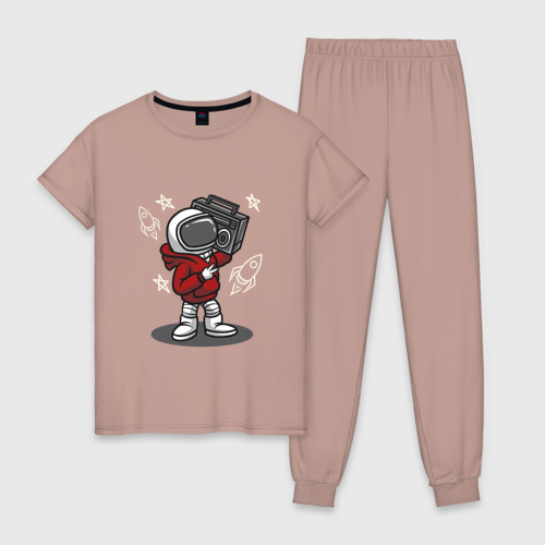 Женская пижама хлопок Космонавт с магнитофоном, цвет пыльно-розовый