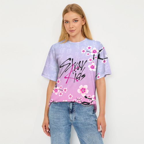 Женская футболка oversize 3D Stray Kids цветы сакуры, цвет 3D печать - фото 5