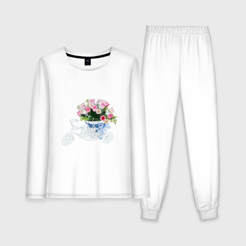 Женская пижама с лонгсливом хлопок Велосипед с корзиной цветов, цвет белый