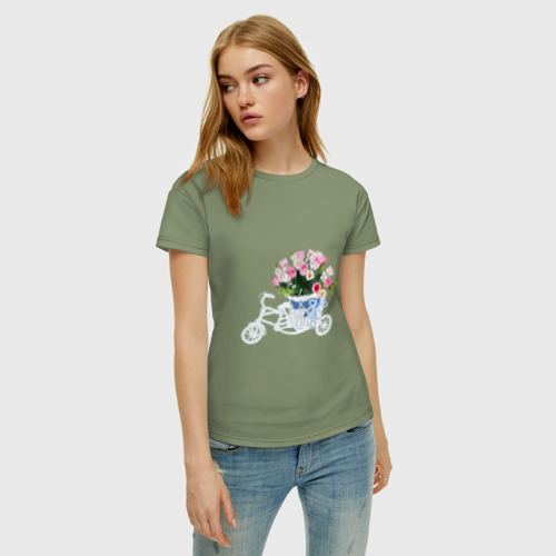 Женская футболка хлопок Велосипед с корзиной цветов, цвет авокадо - фото 3