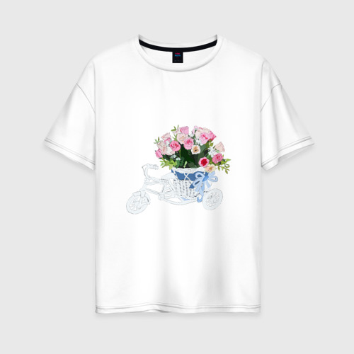 Женская футболка из хлопка оверсайз с принтом Велосипед с корзиной цветов, вид спереди №1