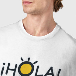 Футболка с принтом Hola: по-испански привет для женщины, вид на модели спереди №4. Цвет основы: белый