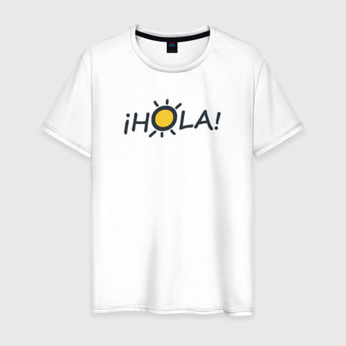 Мужская футболка из хлопка с принтом Hola: по-испански привет, вид спереди №1