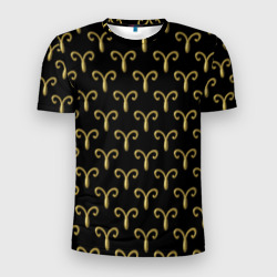 Мужская футболка 3D Slim Золотой овен на черном фоне. Паттерн