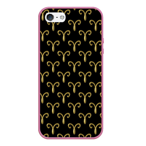 Чехол для iPhone 5/5S матовый Золотой овен на черном фоне. Паттерн, цвет малиновый