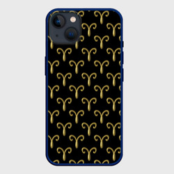 Чехол для iPhone 14 Plus Золотой овен на черном фоне. Паттерн