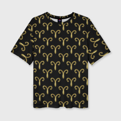 Женская футболка oversize 3D Золотой овен на черном фоне. Паттерн