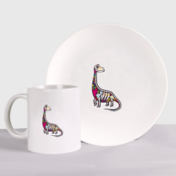 Набор: тарелка + кружка Разноцветный скелет динозавра