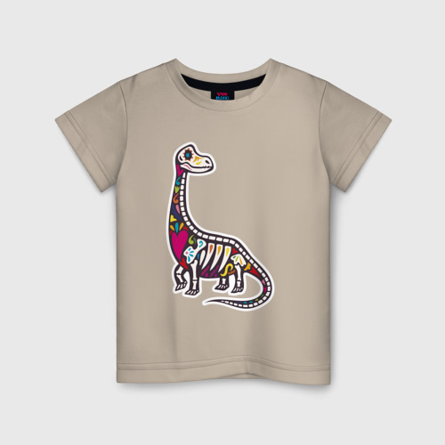 Детская футболка хлопок Разноцветный скелет динозавра, цвет миндальный