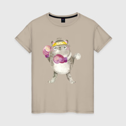 Женская футболка хлопок Плюшевый кот-боксер
