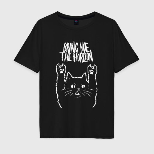 Мужская футболка хлопок Oversize Bring Me the Horizon Рок кот, цвет черный