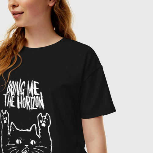 Женская футболка хлопок Oversize Bring Me the Horizon Рок кот, цвет черный - фото 3