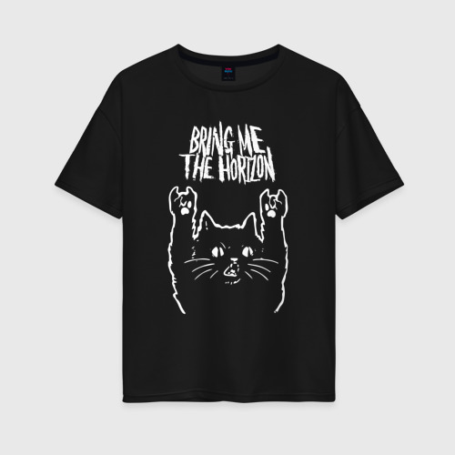 Женская футболка хлопок Oversize Bring Me the Horizon Рок кот, цвет черный