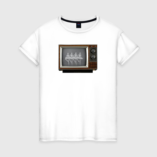 Женская футболка из хлопка с принтом Лебединое по ТВ, вид спереди №1