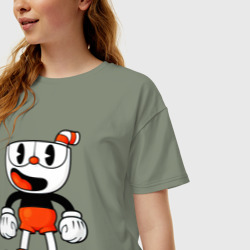 Женская футболка хлопок Oversize Cuphead красная чашечка - фото 2