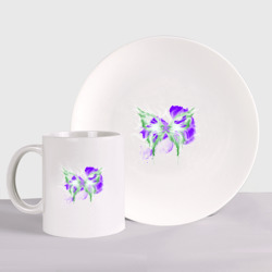 Набор: тарелка + кружка Неоновая зелено-фиолетовая бабочка
