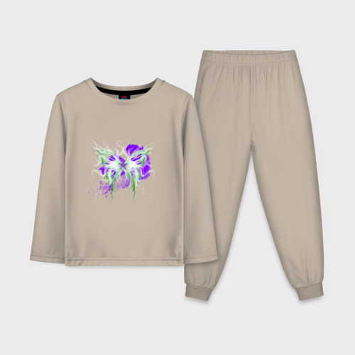 Детская пижама с лонгсливом хлопок Неоновая зелено-фиолетовая бабочка, цвет миндальный