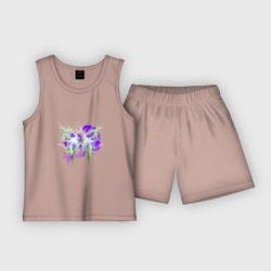 Детская пижама с шортами хлопок Неоновая зелено-фиолетовая бабочка