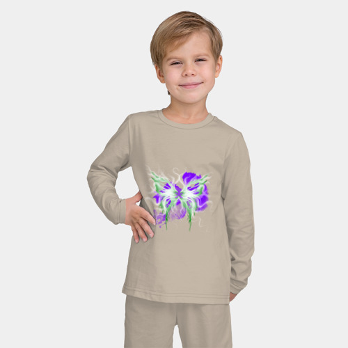 Детская пижама с лонгсливом хлопок Неоновая зелено-фиолетовая бабочка, цвет миндальный - фото 3