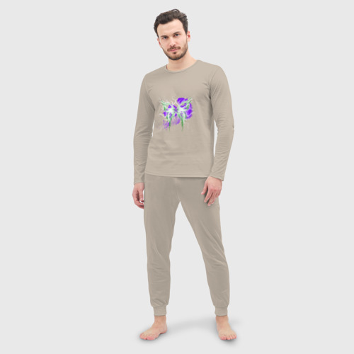 Мужская пижама с лонгсливом хлопок Неоновая зелено-фиолетовая бабочка, цвет миндальный - фото 3