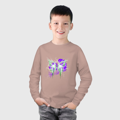 Детский лонгслив хлопок Неоновая зелено-фиолетовая бабочка, цвет пыльно-розовый - фото 3