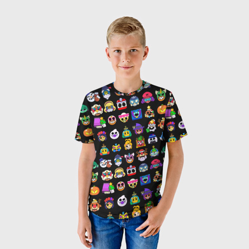 Детская футболка 3D с принтом Значки на скины Бравл Старс Brawl Черный Пины, фото на моделе #1