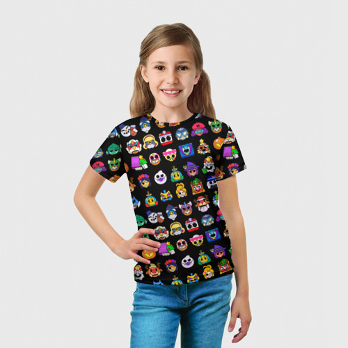 Детская футболка 3D с принтом Значки на скины Бравл Старс Brawl Черный Пины, вид сбоку #3