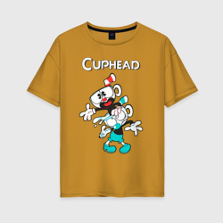 Женская футболка хлопок Oversize Cuphead веселые чашечки