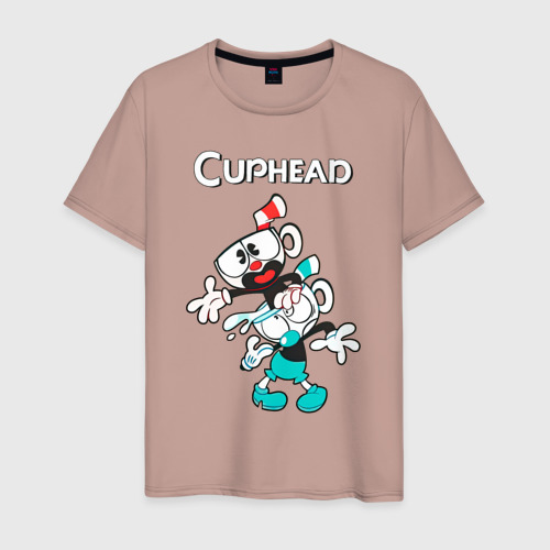 Мужская футболка хлопок Cuphead веселые чашечки, цвет пыльно-розовый