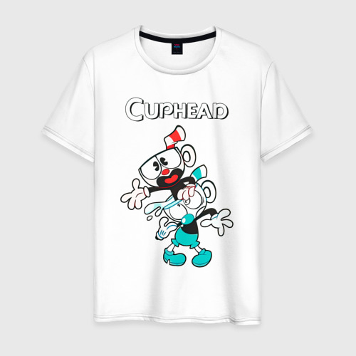 Мужская футболка из хлопка с принтом Cuphead веселые чашечки, вид спереди №1