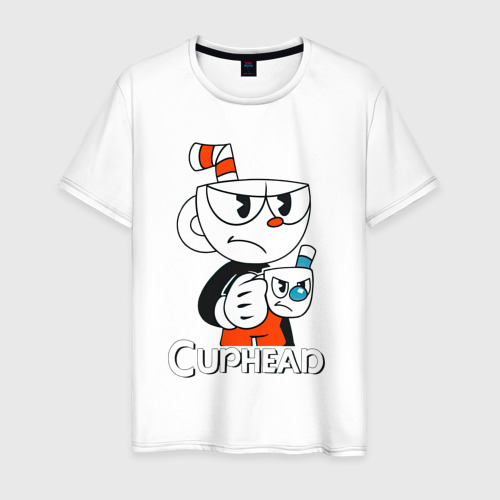 Мужская футболка из хлопка с принтом Cuphead чашечка с чашечкой, вид спереди №1