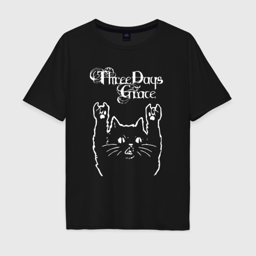 Мужская футболка хлопок Oversize с принтом Three Days Grace Рок кот, вид спереди #2