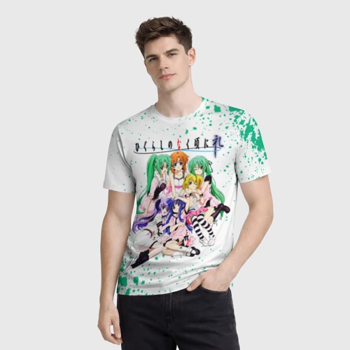 Мужская футболка 3D с принтом Когда плачут цикады: Карма, персонажи, фото на моделе #1