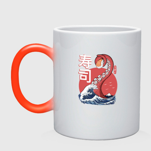 Кружка хамелеон Kraken Kawaii Sushi, цвет белый + красный
