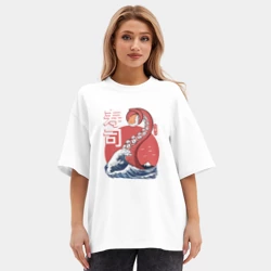 Женская футболка Oversize хлопок premium Kraken Kawaii Sushi waves - фото 2