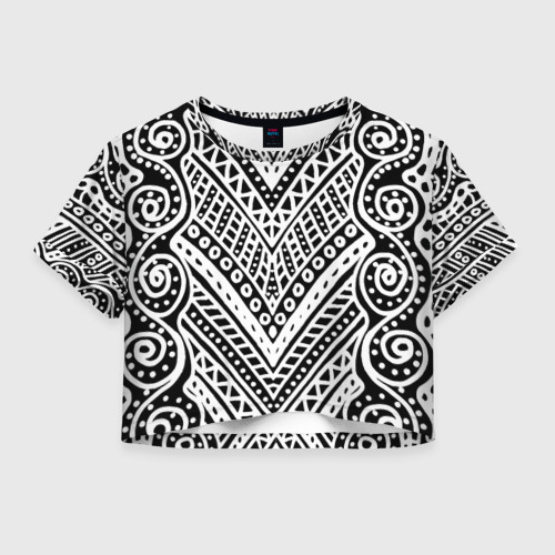 Женская футболка Crop-top 3D Абстракция черно-белая. Волны, полосы, вензеля. Монохромный узор, цвет 3D печать