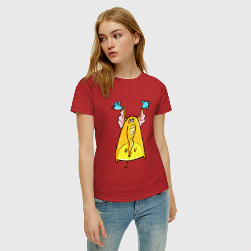 Женская футболка хлопок Птички тащат слона за уши, цвет красный - фото 3
