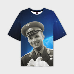 Мужская футболка oversize 3D Юрий Гагарин с голубем 3D