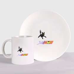 Набор: тарелка + кружка Летающий кот. Кот и мышь