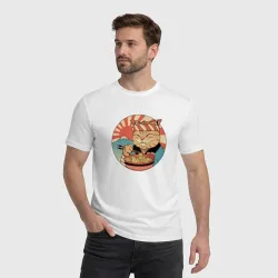 Мужская футболка хлопок Catana Ramen - рыжий кот ест лапшу рамен в японии - фото 2